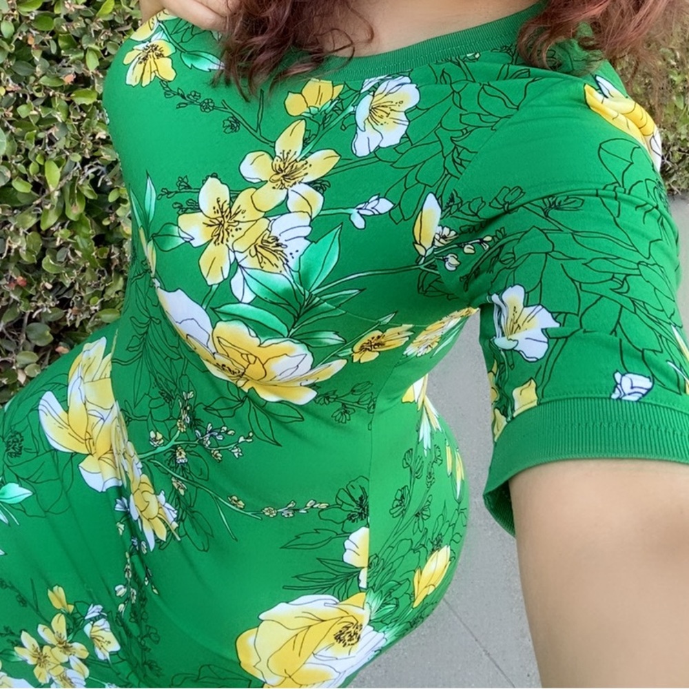 G.I.L.I. Womens Short Sleeve Side Slit Maxi Emerald floral  Dress Small